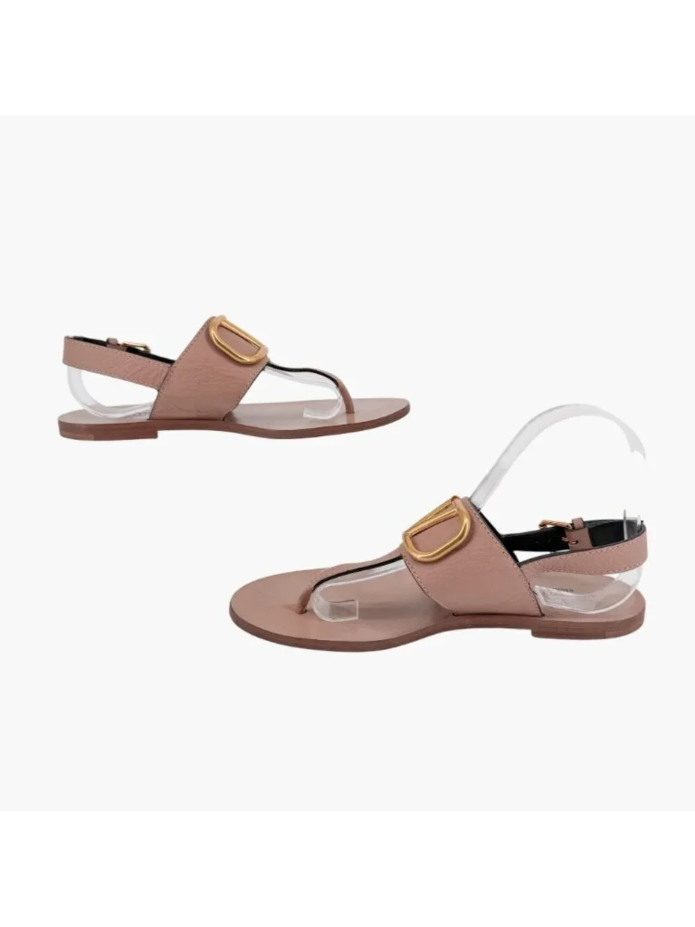 Valentino Garavani Vlogo Beige Leather T-Strap Flat Sandals Size 38 US 8 Women's